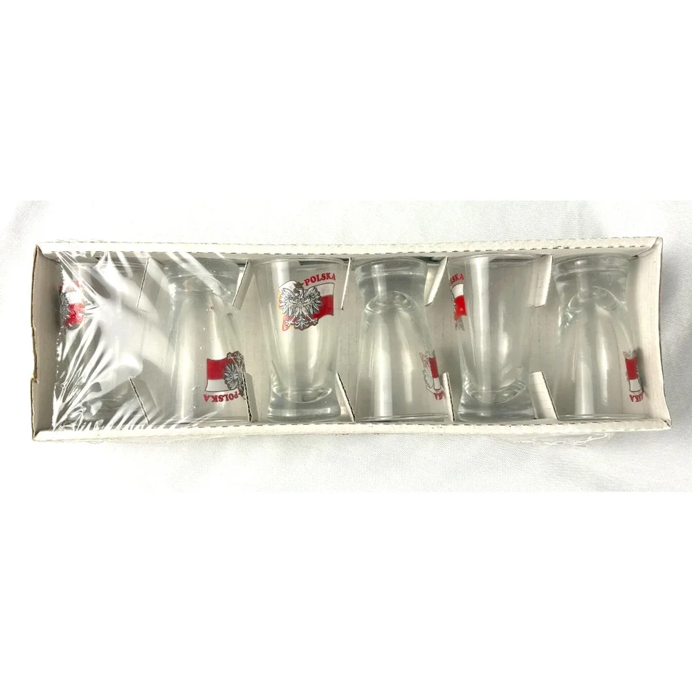 POLSKA Poland Shot Glass Set Lot of 6 White Eagle Flag Souvenir Gift Boxed